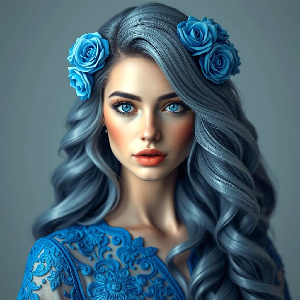 Hyperreal Portrait of a Woman in Blue Attire