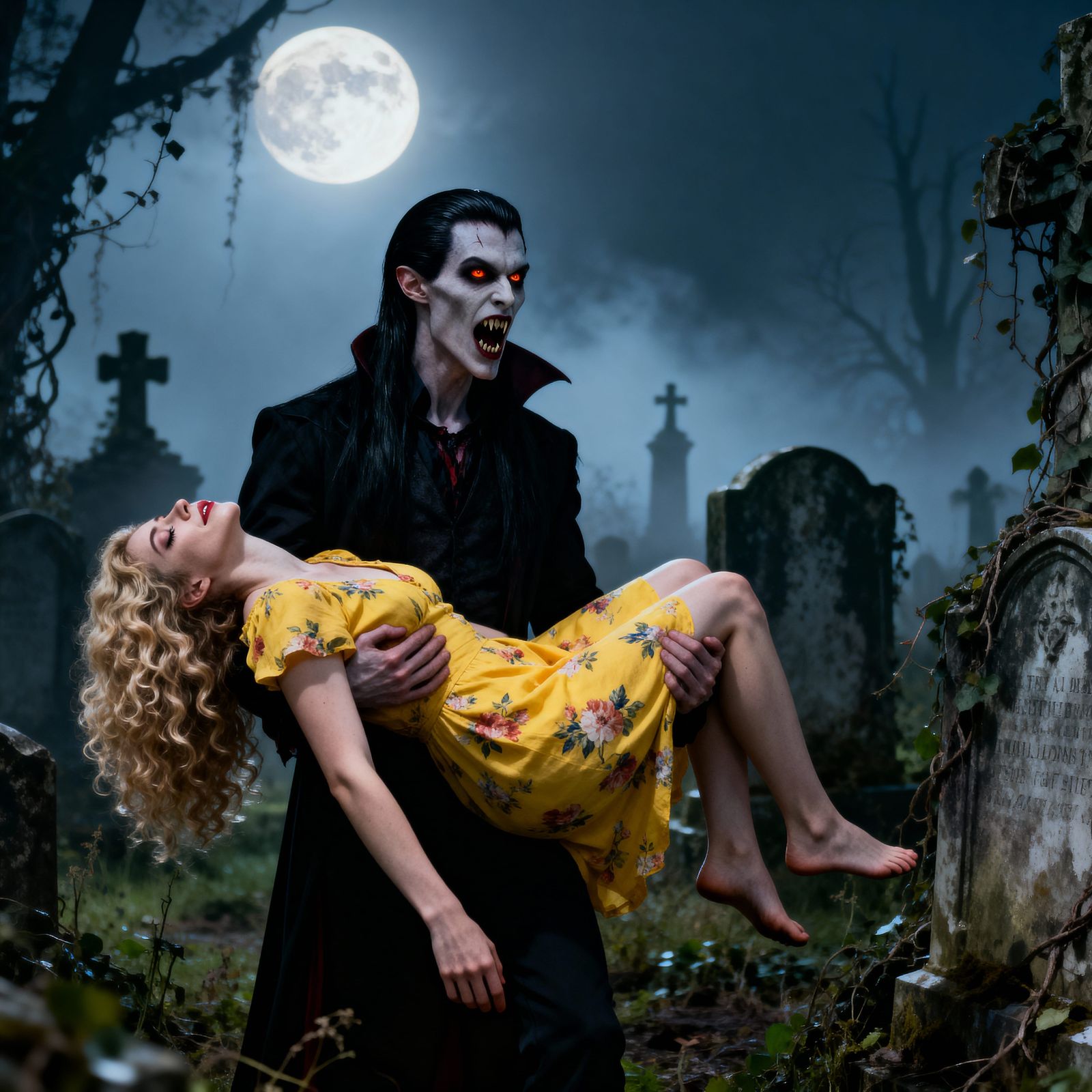 Vampire Carries Unconscious Woman in Moonlit Graveyard