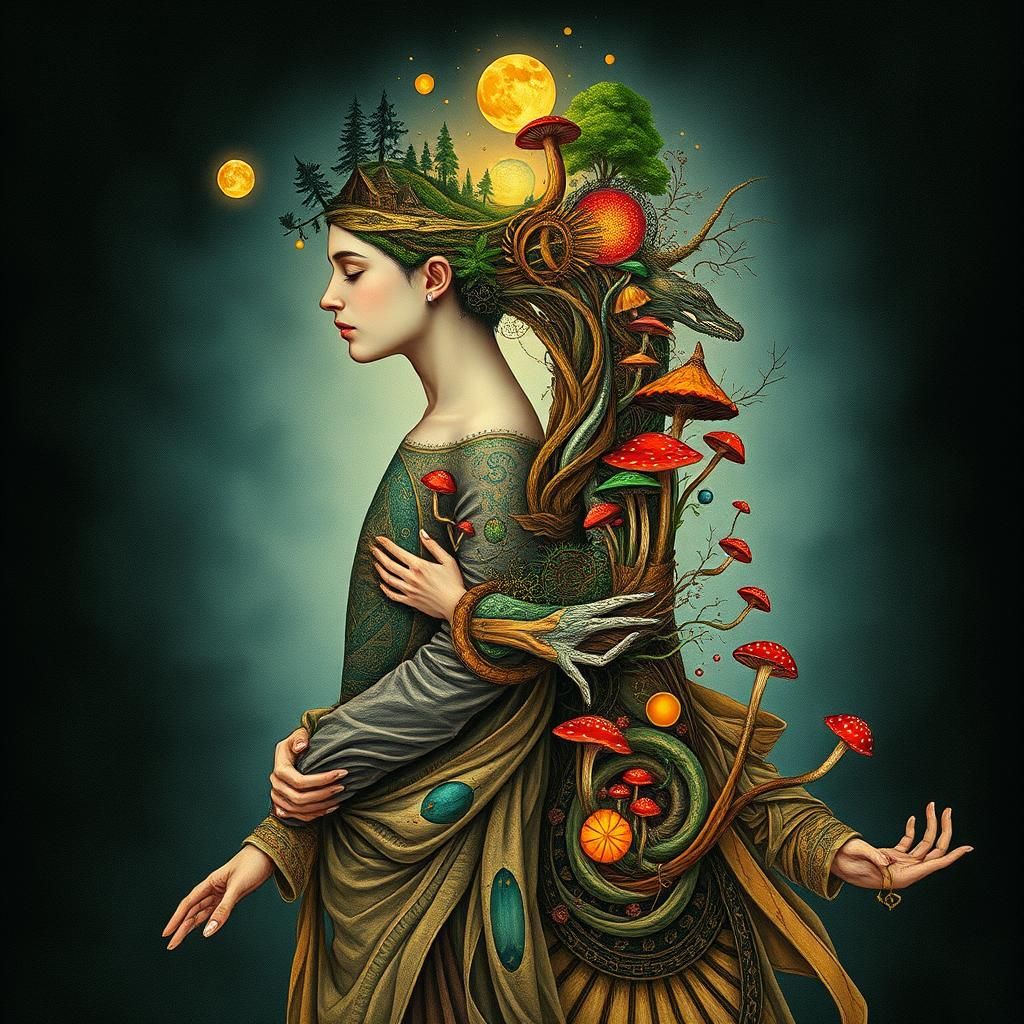 Ethereal Figures in Dreamlike Mindscape: Mixed-Media Art