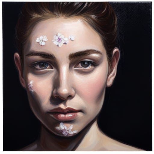 Girl's Face Painted with Jasmine Flowers, Oil Painting