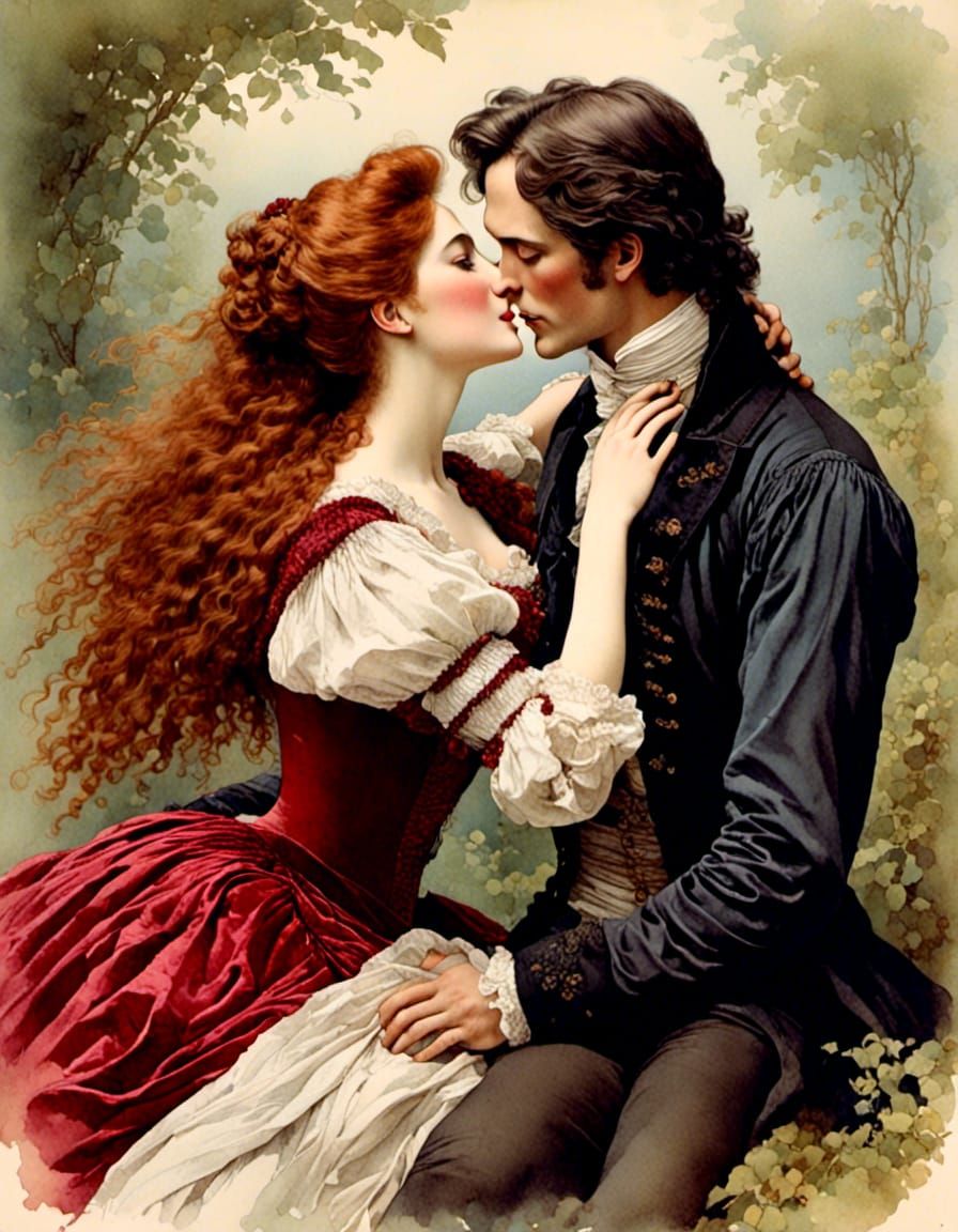 Victorian Woman Kissing Man in Watercolor Style