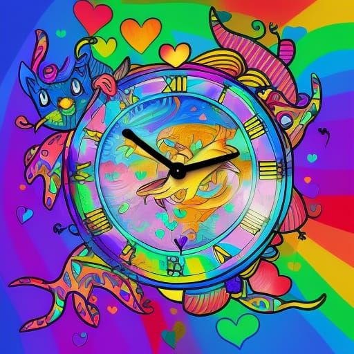 Clock with Dolphins and Rainbows in Lisa Frank Style