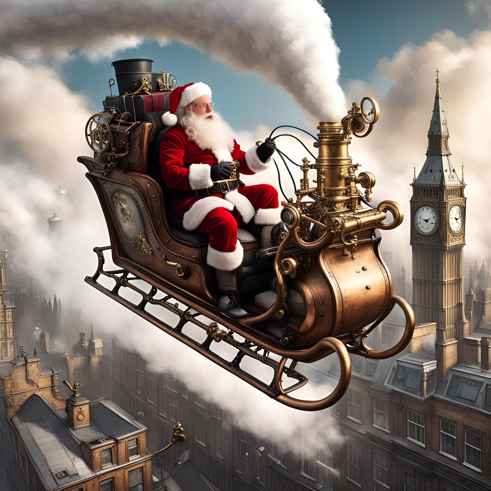 Santa Claus in Steampunk Sleigh Over London