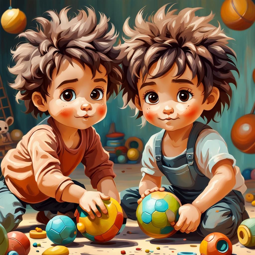 Naive Painting: Adorable Children Playing with Toys