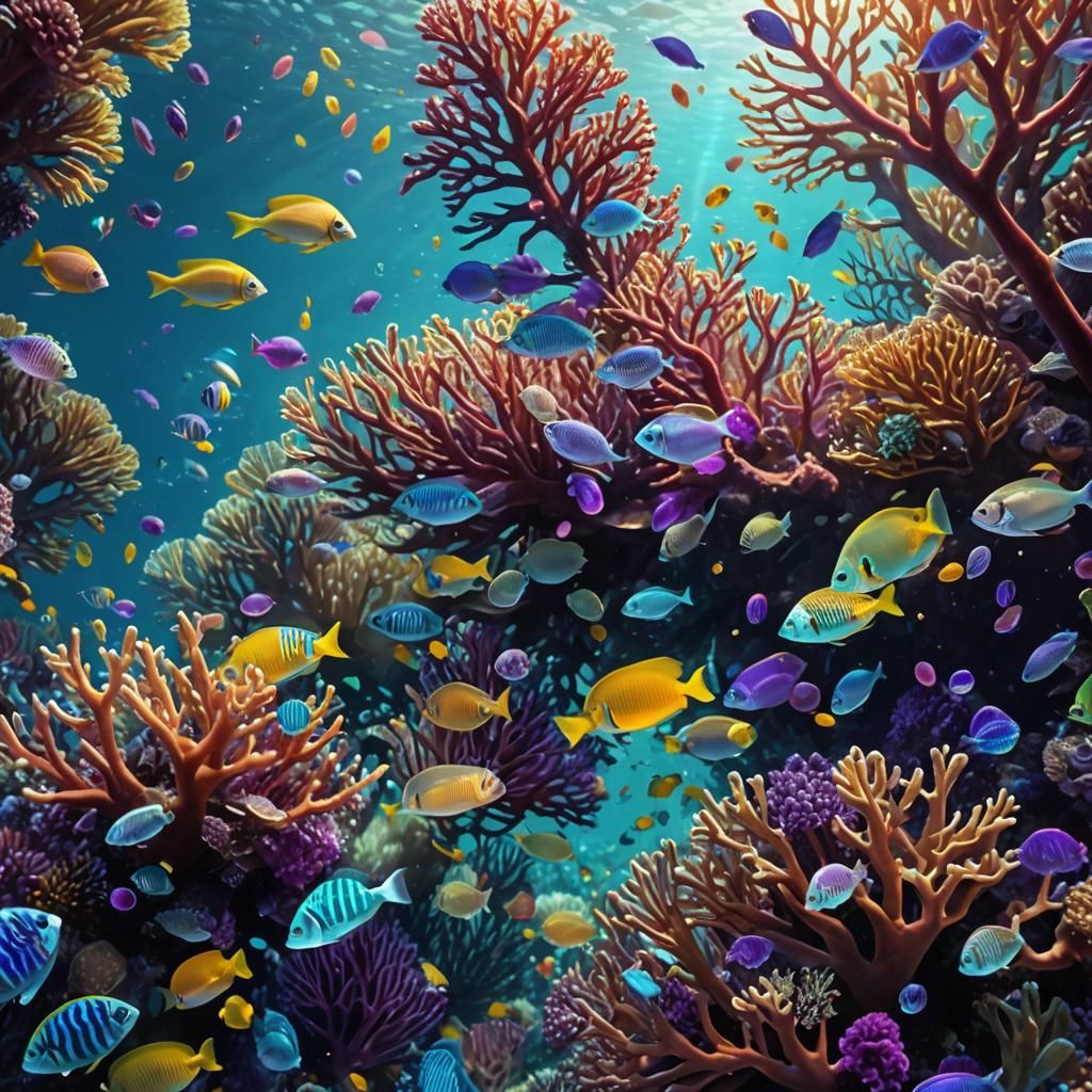 Coral Reef with Transparent Fish in Vibrant Oil Painting
