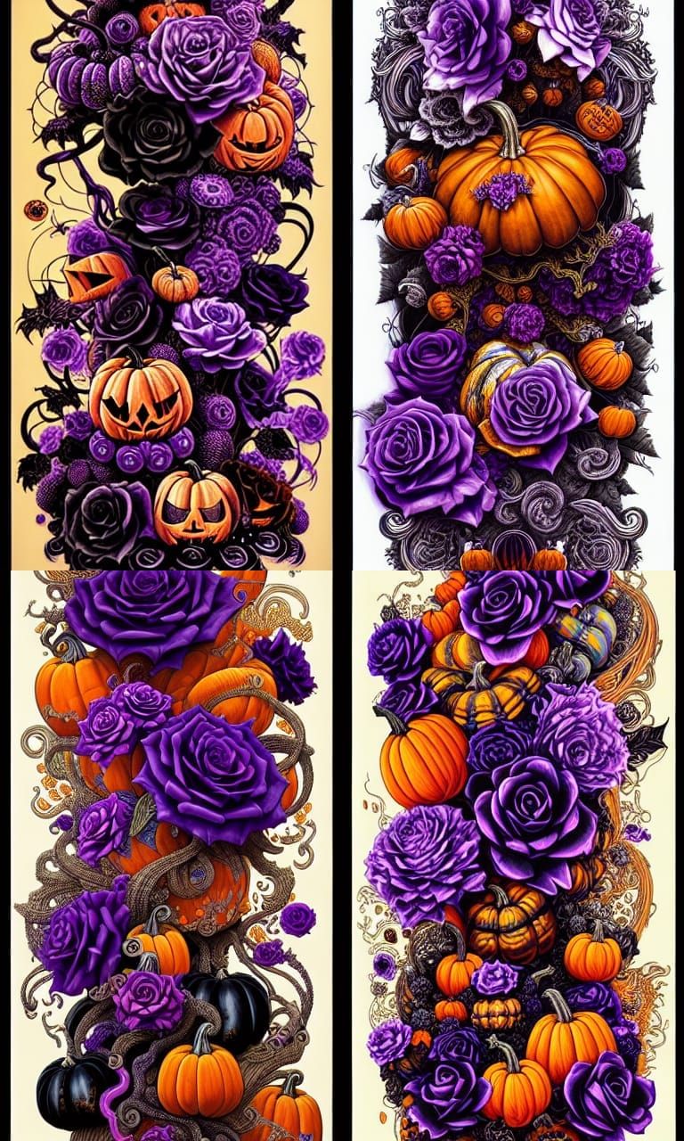 Detailed Ink Illustration of Pumpkins and Roses