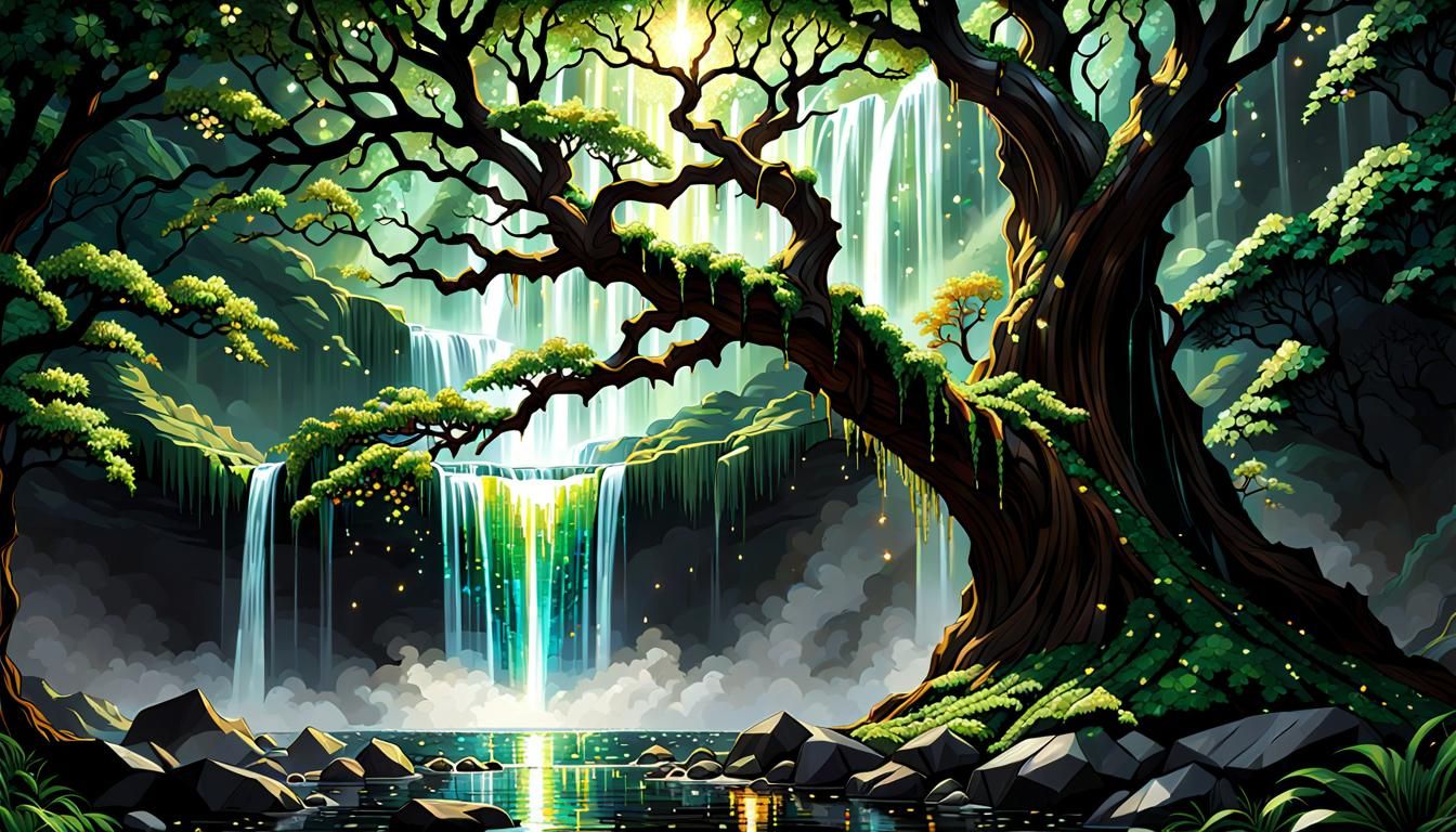 Gemstone Mosaic Waterfall Wall Art in Comic Book Style