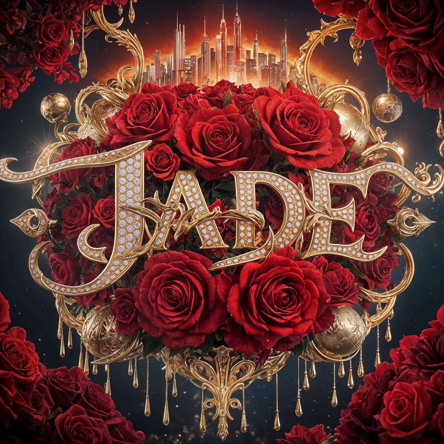 Futuristic Cityscape with Diamond-Encrusted 'JADE' in Fantas...