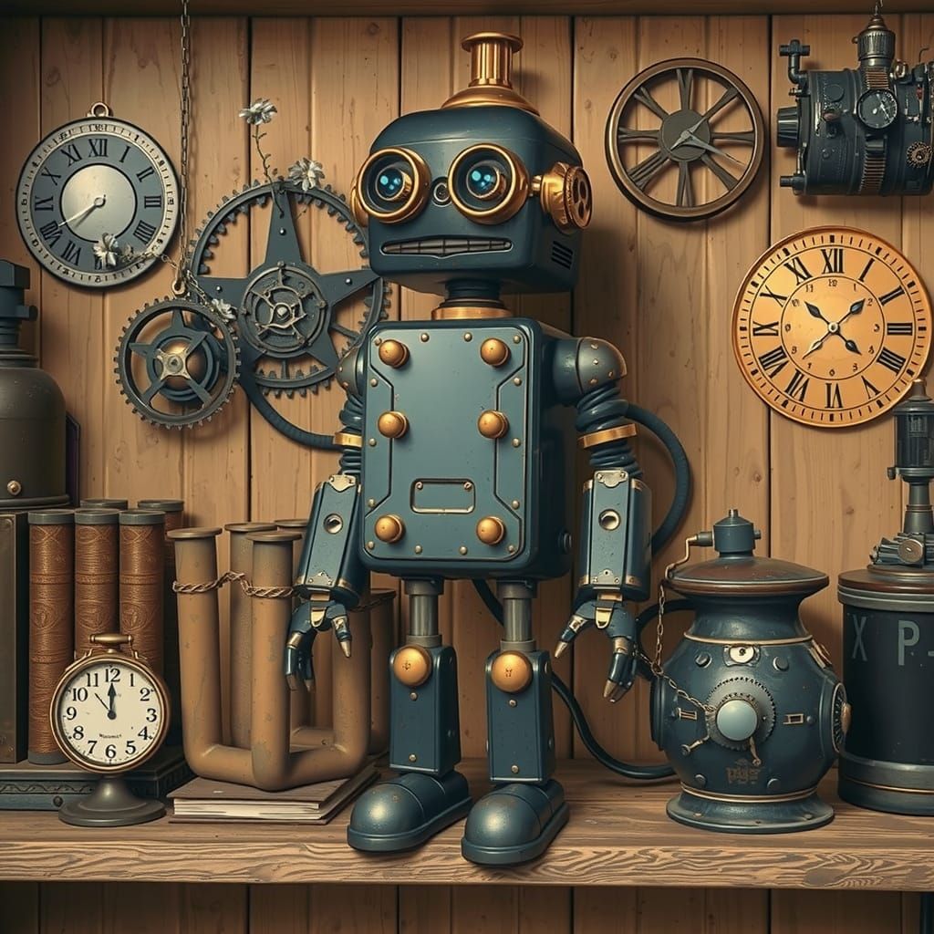 Steampunk Robot Tending a Whimsical Garden