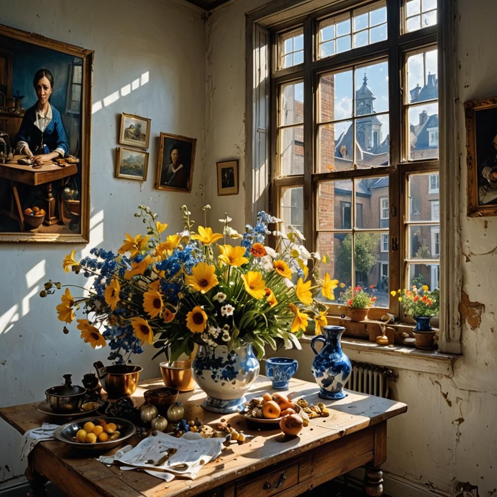 Floral Still Life in Pollock-Vermeer Style