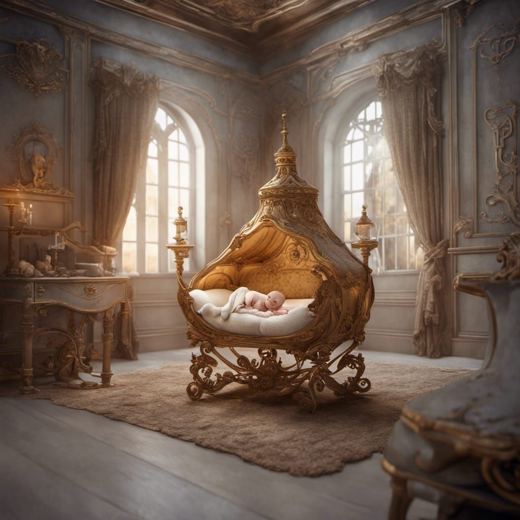 White Chick in Cradle in Golden Castle: Fantasy Art