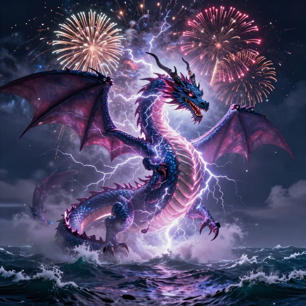 Lightning Dragon Unleashes Energy Amidst Fireworks