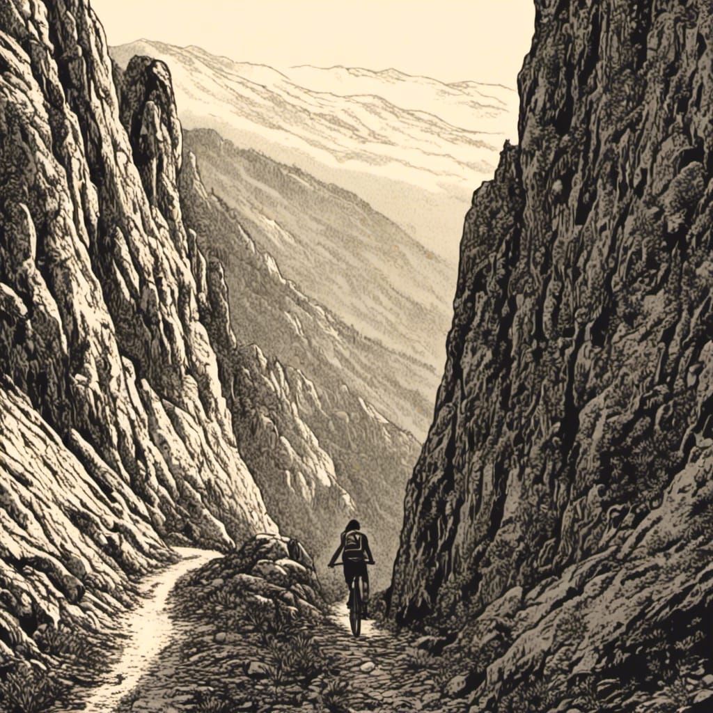 Girl on Mountain Road in Linocut Style