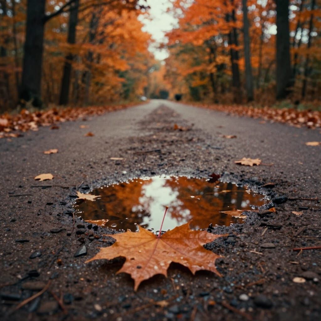 Autumn Maple Leaf on Dirt Road Cinematic Film Still