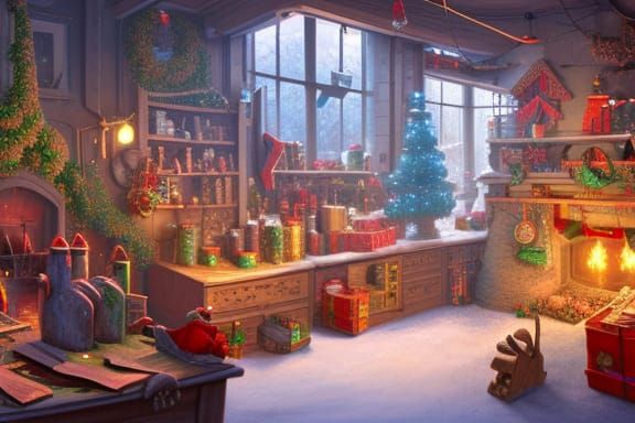 Santa's Workshop Illustration in Detailed Matte Style