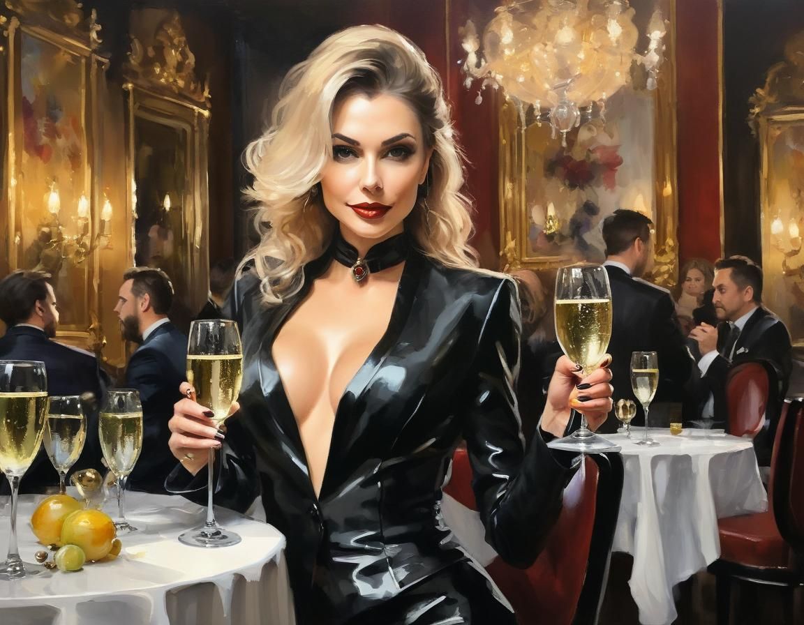 Goth Sommelier Offers Champagne in Oil Painting Style