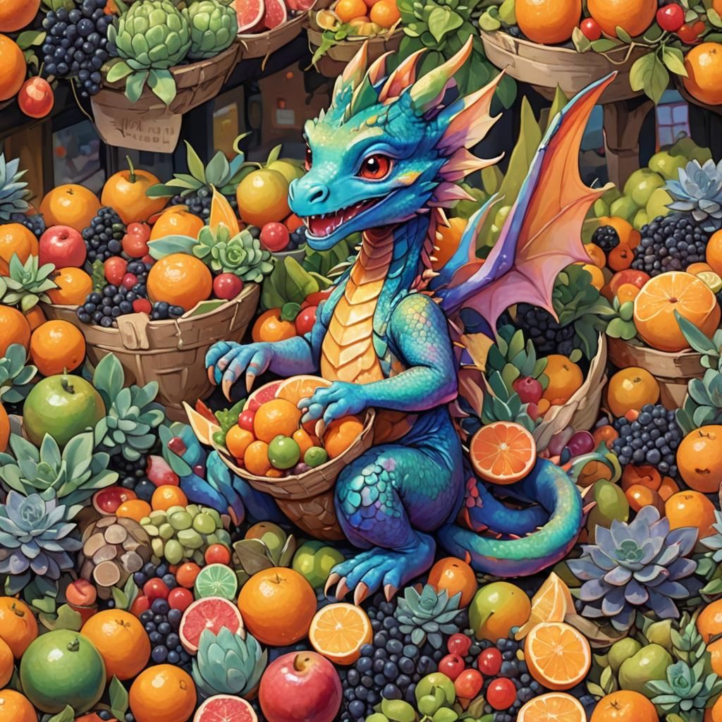 Whimsical Baby Dragon in a Fruit Market, Ghibli Style