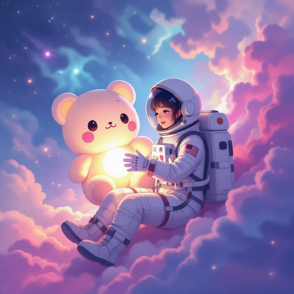 Astronaut Holding Kawaii Plushie in Pastel Nebula