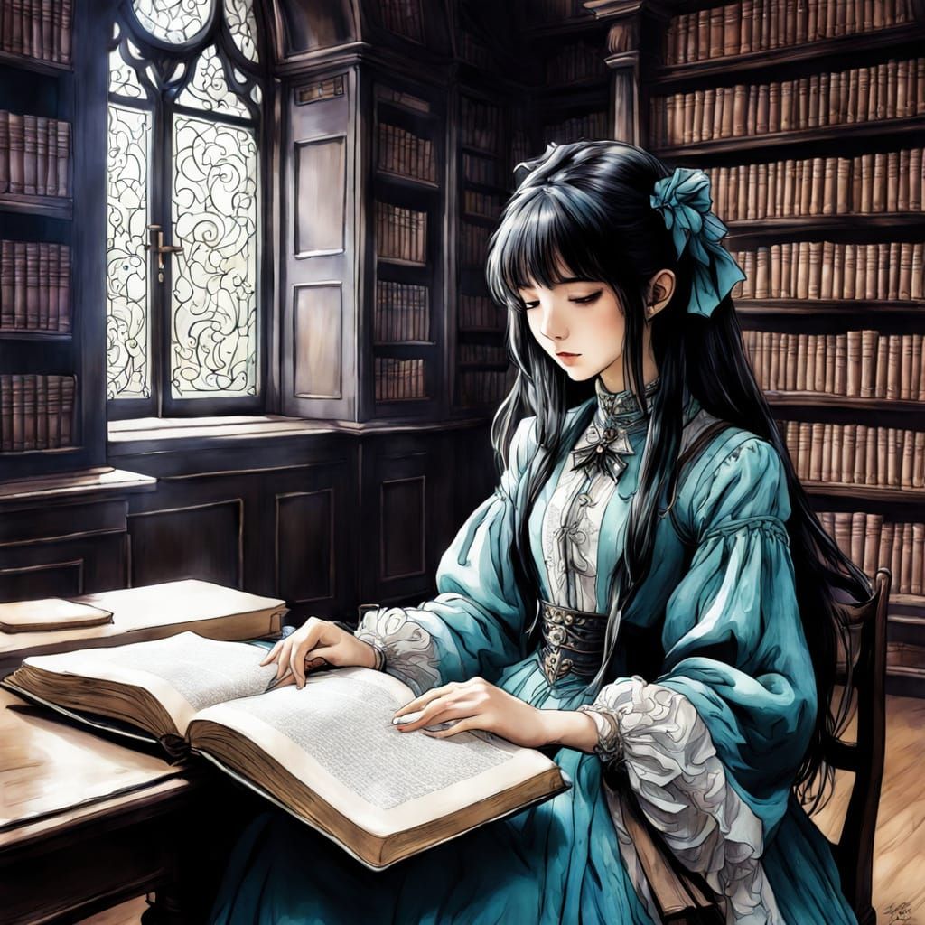 Vibrant Anime Girl Reading in Arthur Rackham Style Library