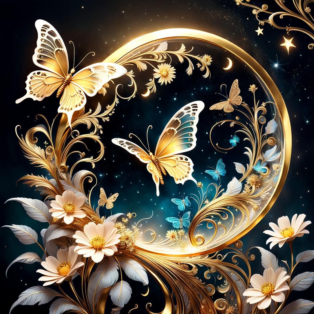 Glass crystal butterflies amidst swirly flowers and glowing gold lines.