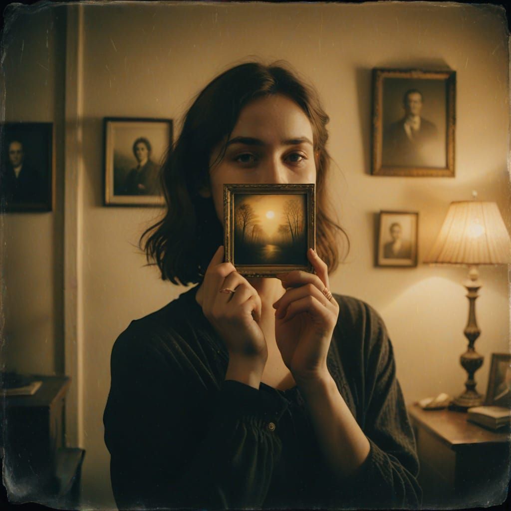 Ethereal Person with Old Photos in Dreamlike Painting