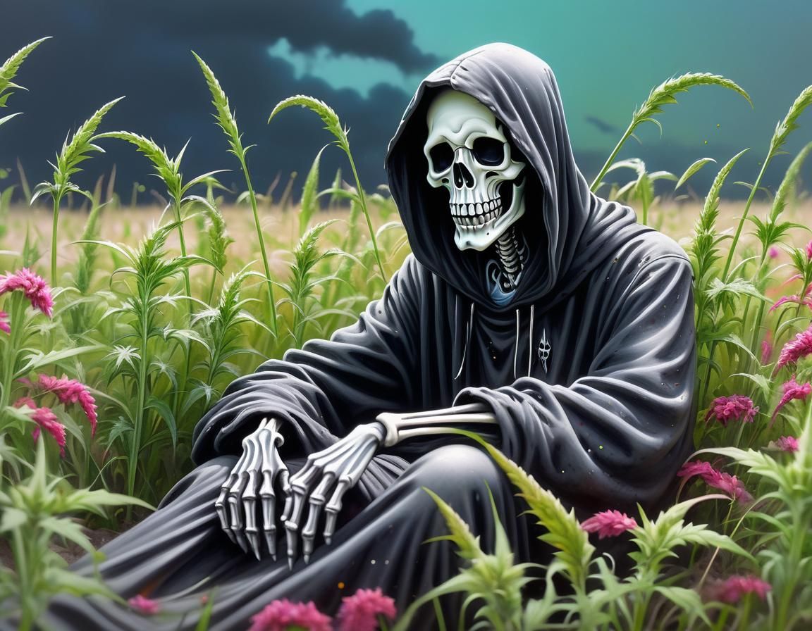 Relaxed Grim Reaper's Holiday in Watercolor Style