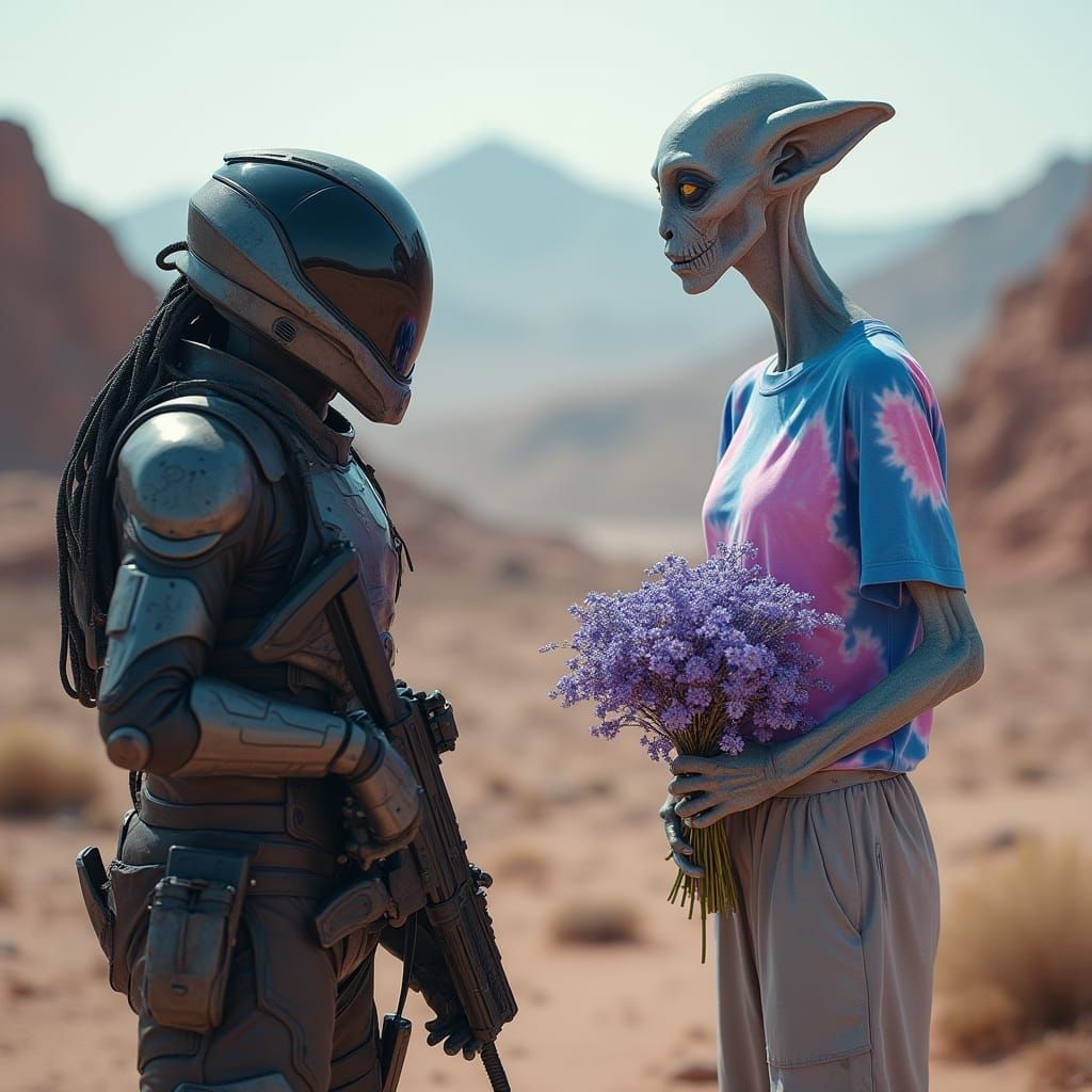 Human Soldier Meets Tie-Dye Alien on Battlefield