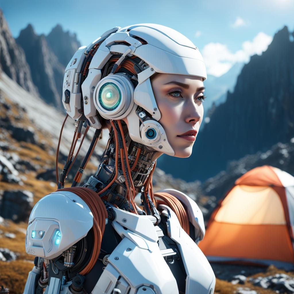 Android Woman's Mountain Camping Trip: Cyberpunk Illustratio...