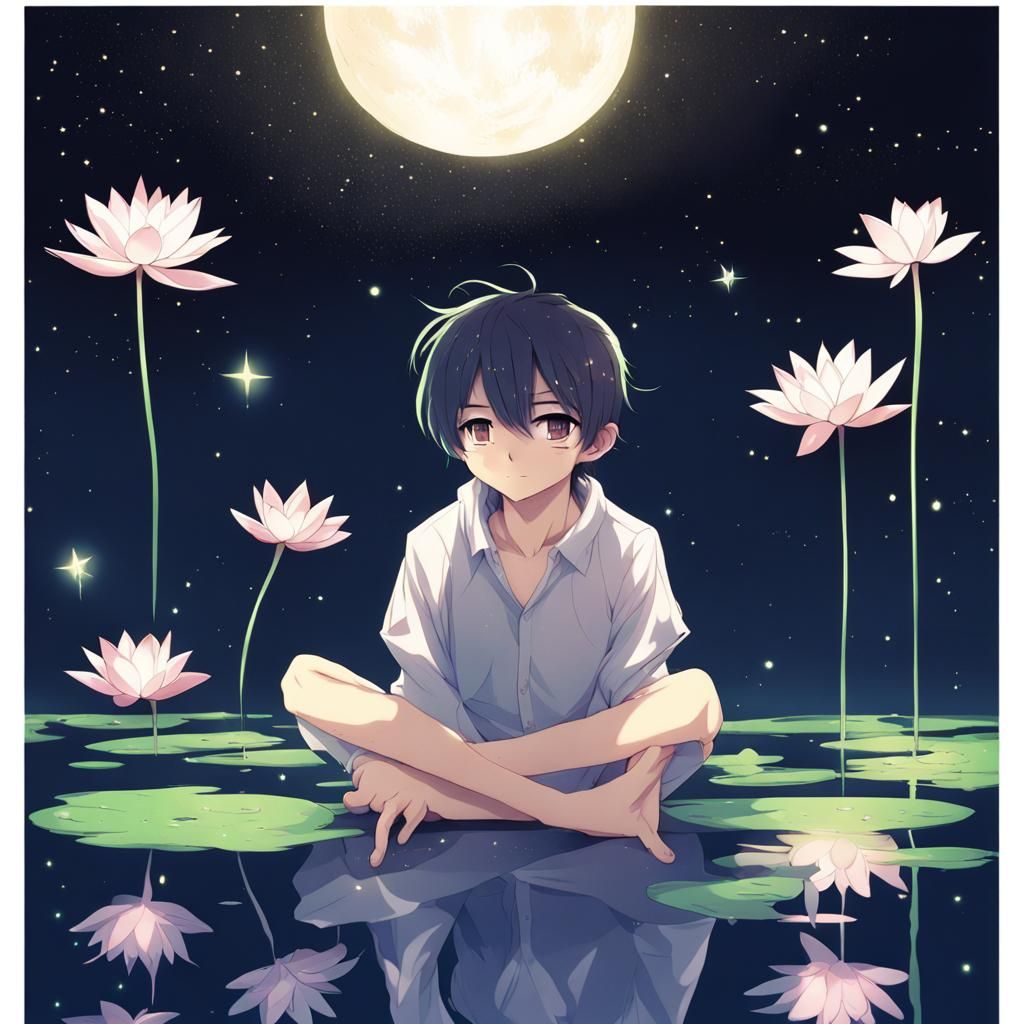 Glowing Frog and Lotus in Anime Style