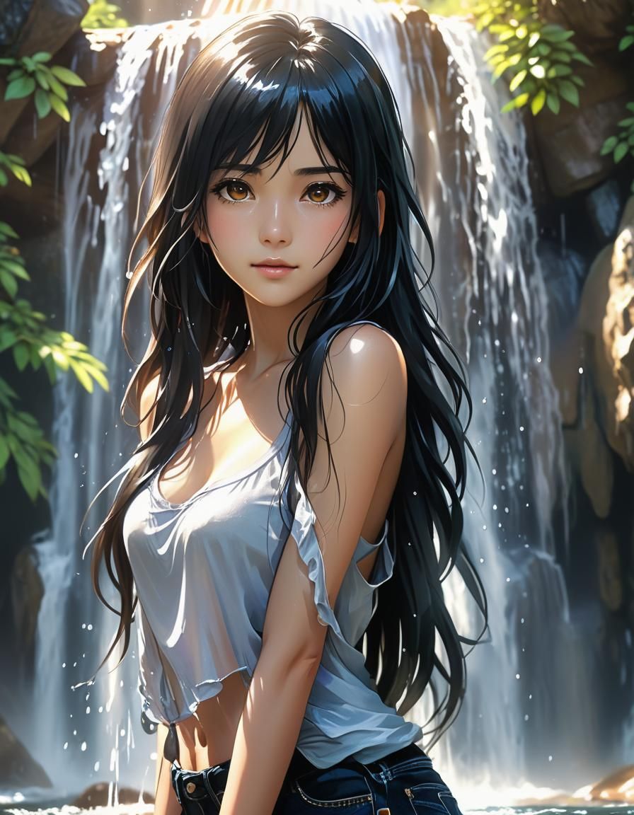 Anime Woman Under Waterfall in Cel-Shaded Style