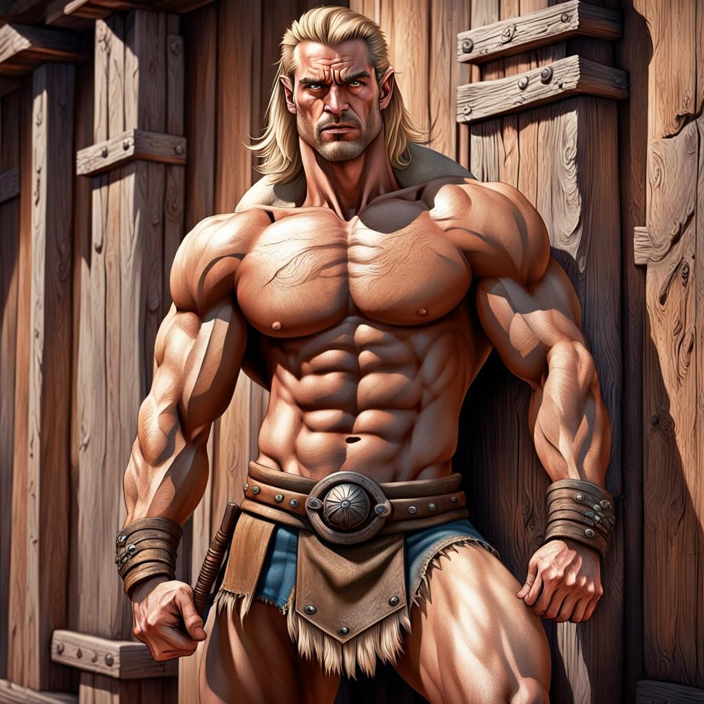 Muscular Barbarian Leaning Against Wooden Wall