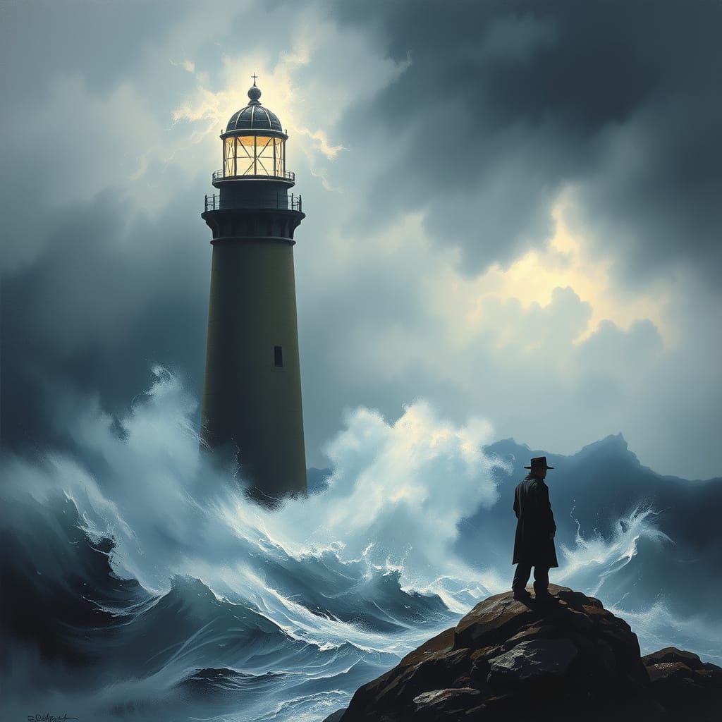 Stormy Seas Lighthouse Keeper in Dramatic Romantic Style