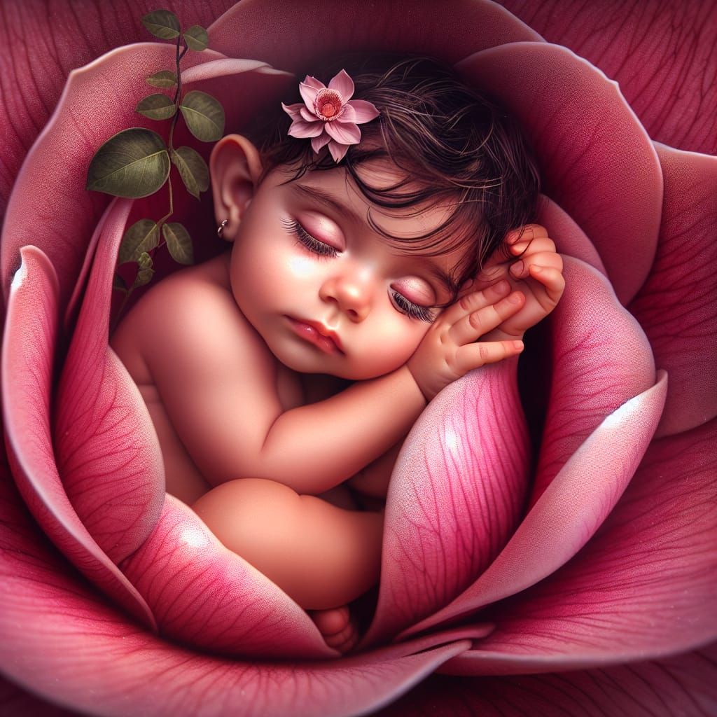 Hispanic Baby Fairy Napping in Flower