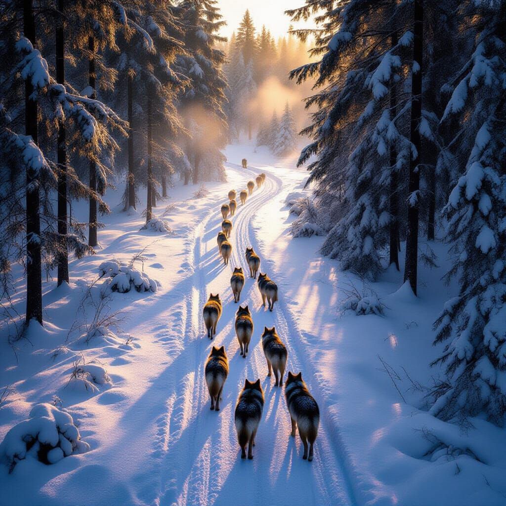 Wolves Waking in Misty Snow Forest Path 8k