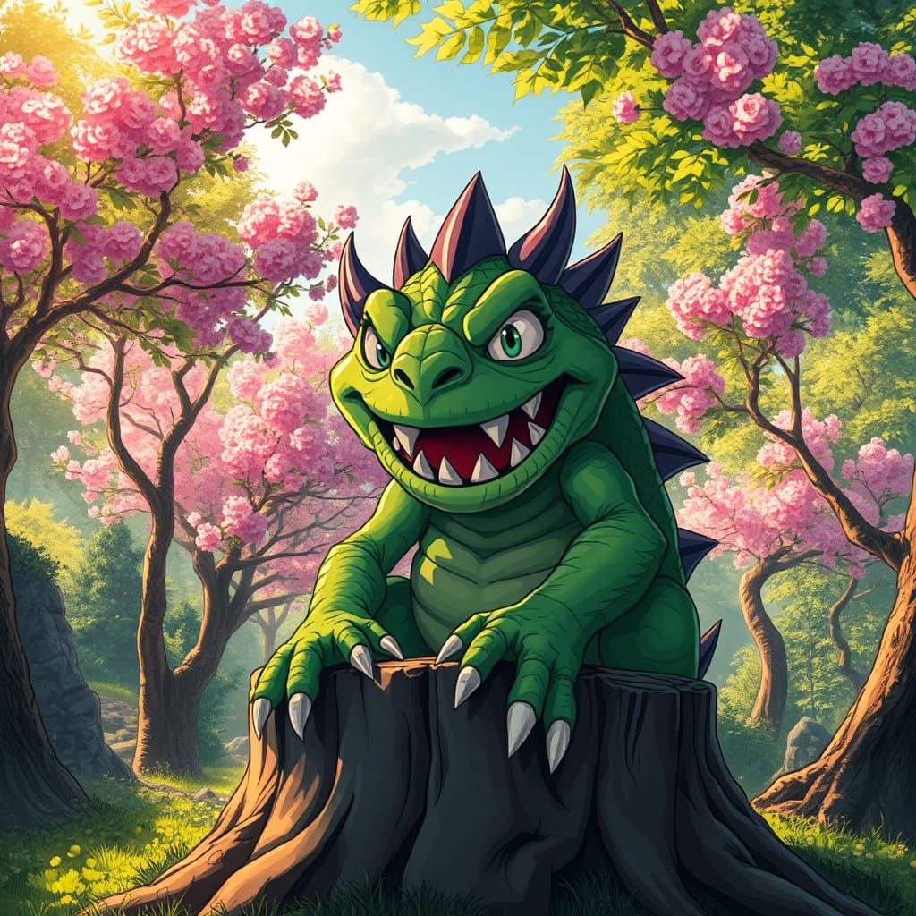 Friendly Green Monster in Park, Manga Style