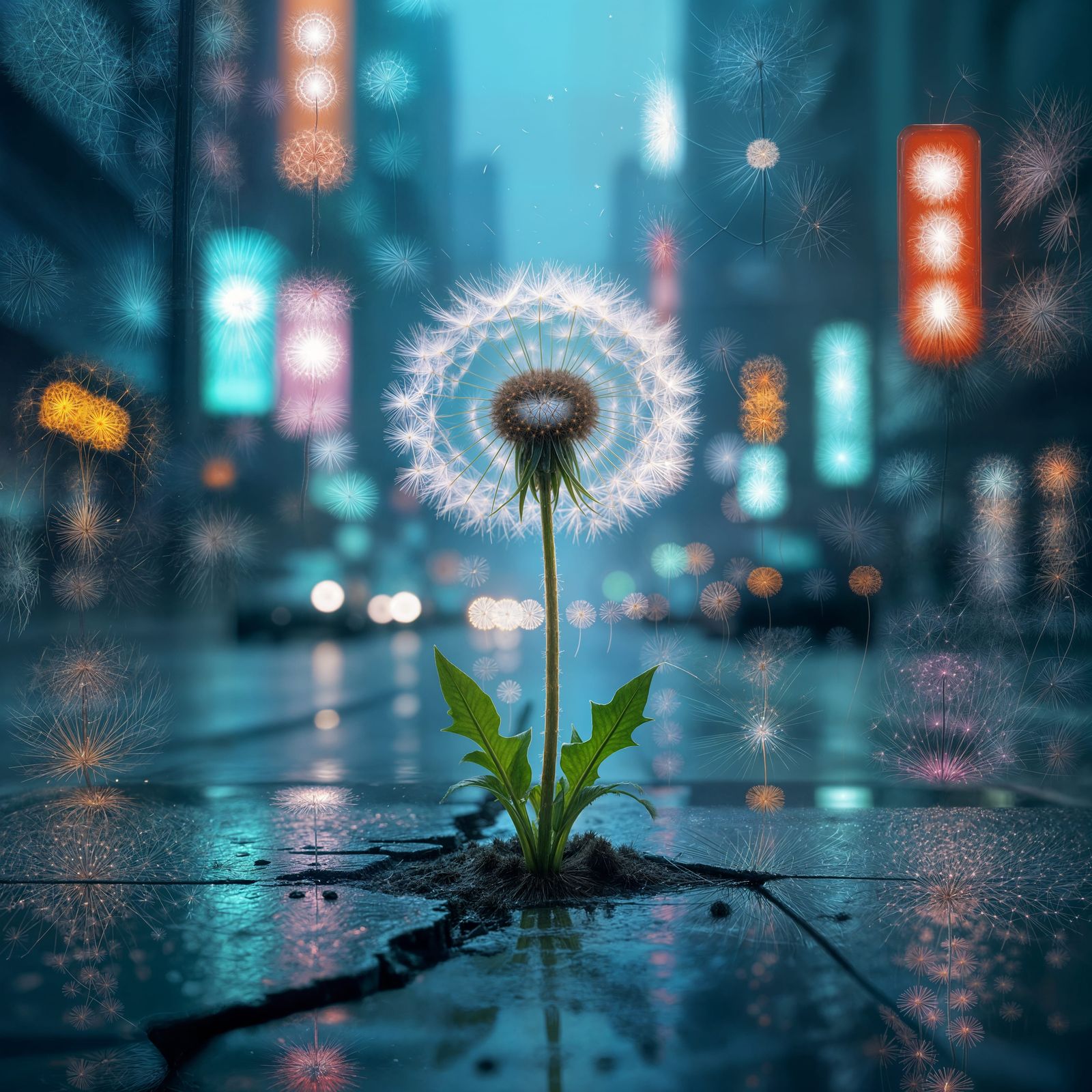 Dandelion in Neon Cityscape, Botanical Illustration