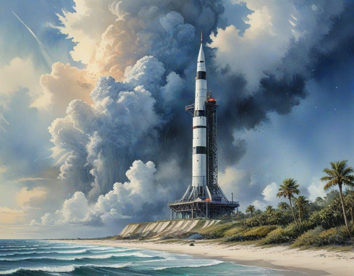 Vibrant Watercolor Ink Painting of Cape Canaveral