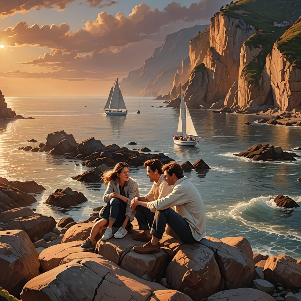 Romantic Seaside Sunset: Digital Splash Art