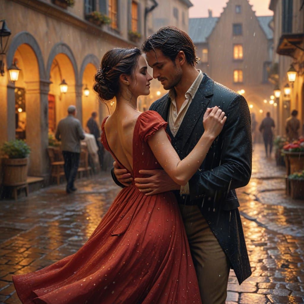 Romantic Couple Dancing in Rainy European Courtyard