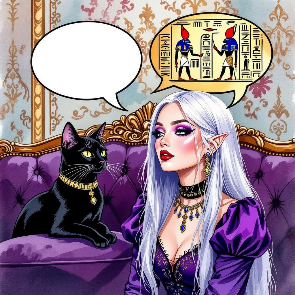 Goth Girl With Hieroglyphics Cat In Watercolor