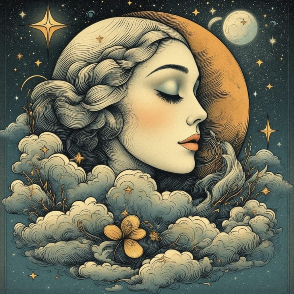 Moon with Human Face in Neo Traditional Style