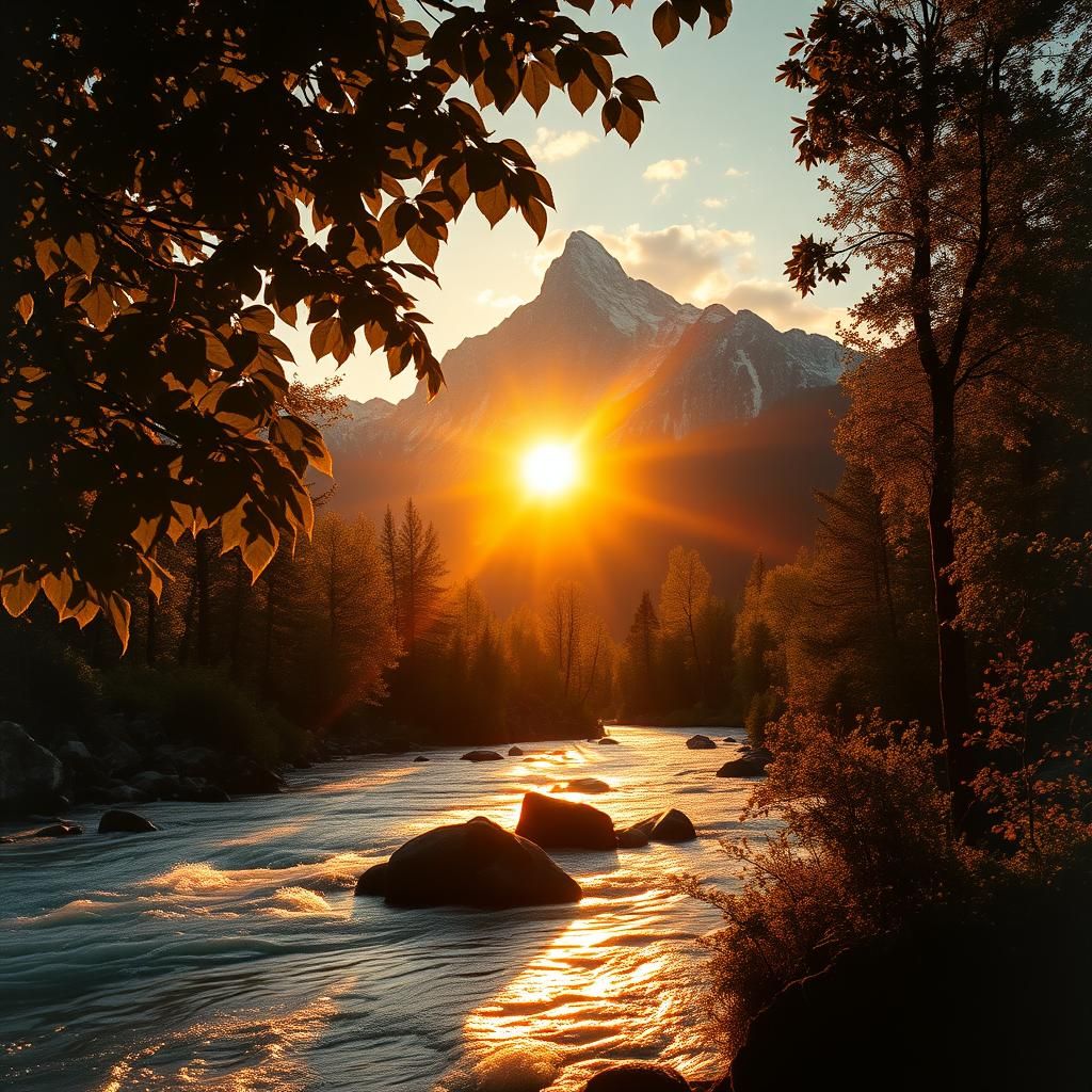 Majestic Mountain Sunset: Golden Light on Crystal River