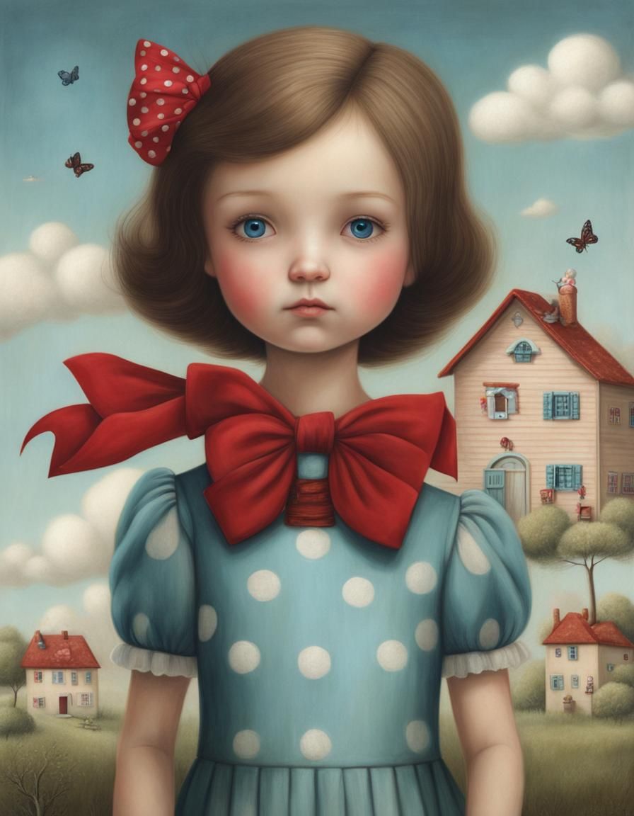 Girl in Crimson Dress with Bow, in Surreal Style