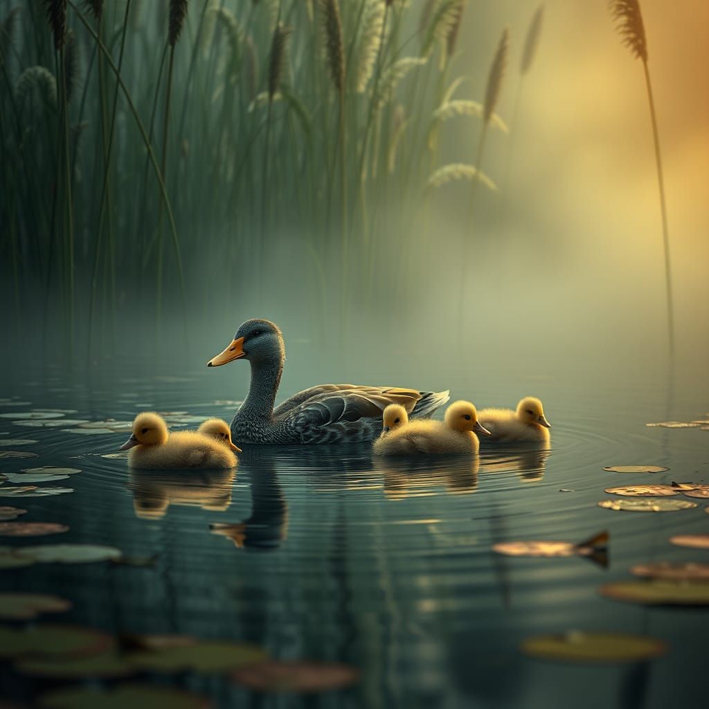 Duck and Ducklings in Foggy Pond: Splash Art