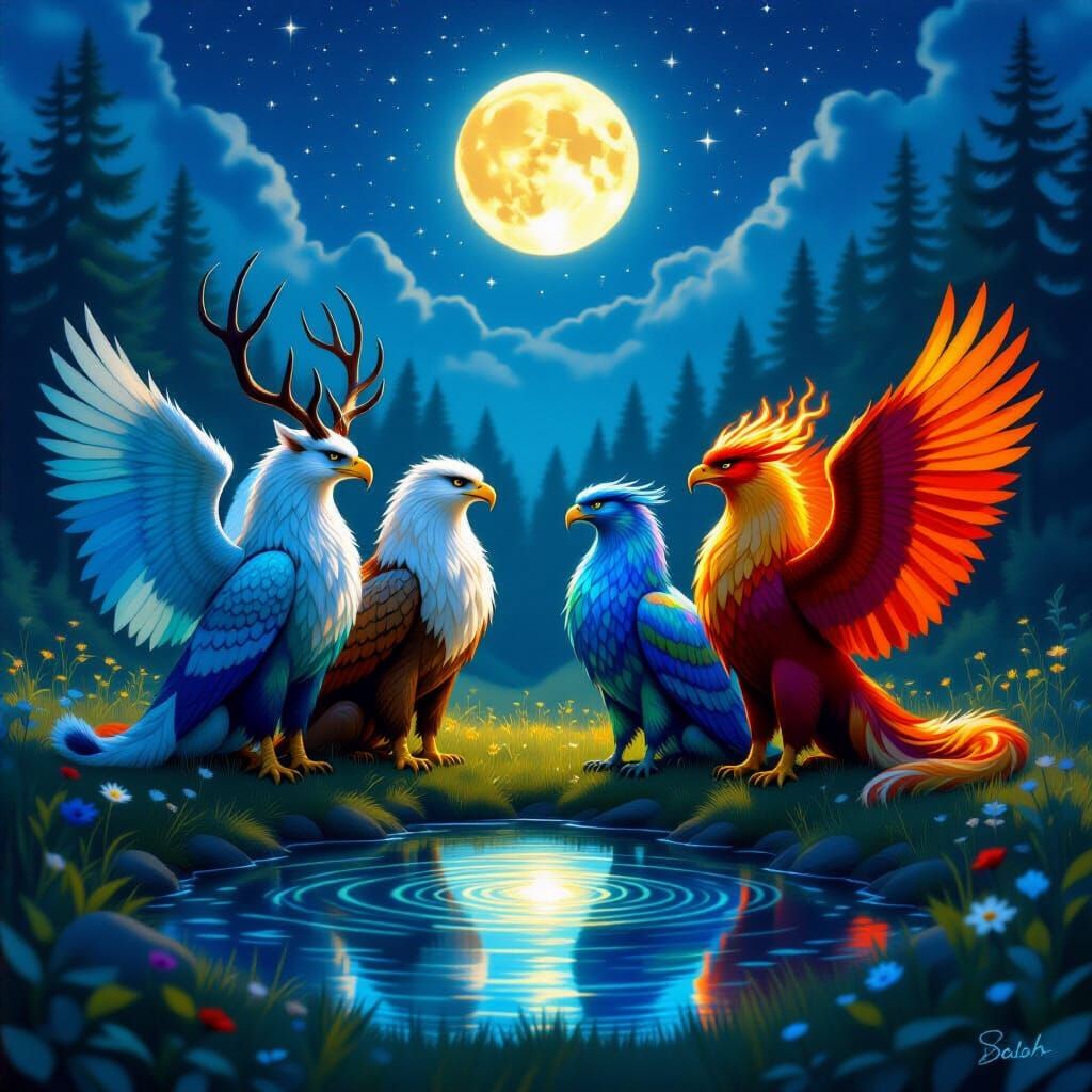Elemental Griffins Meeting Under Moonlight