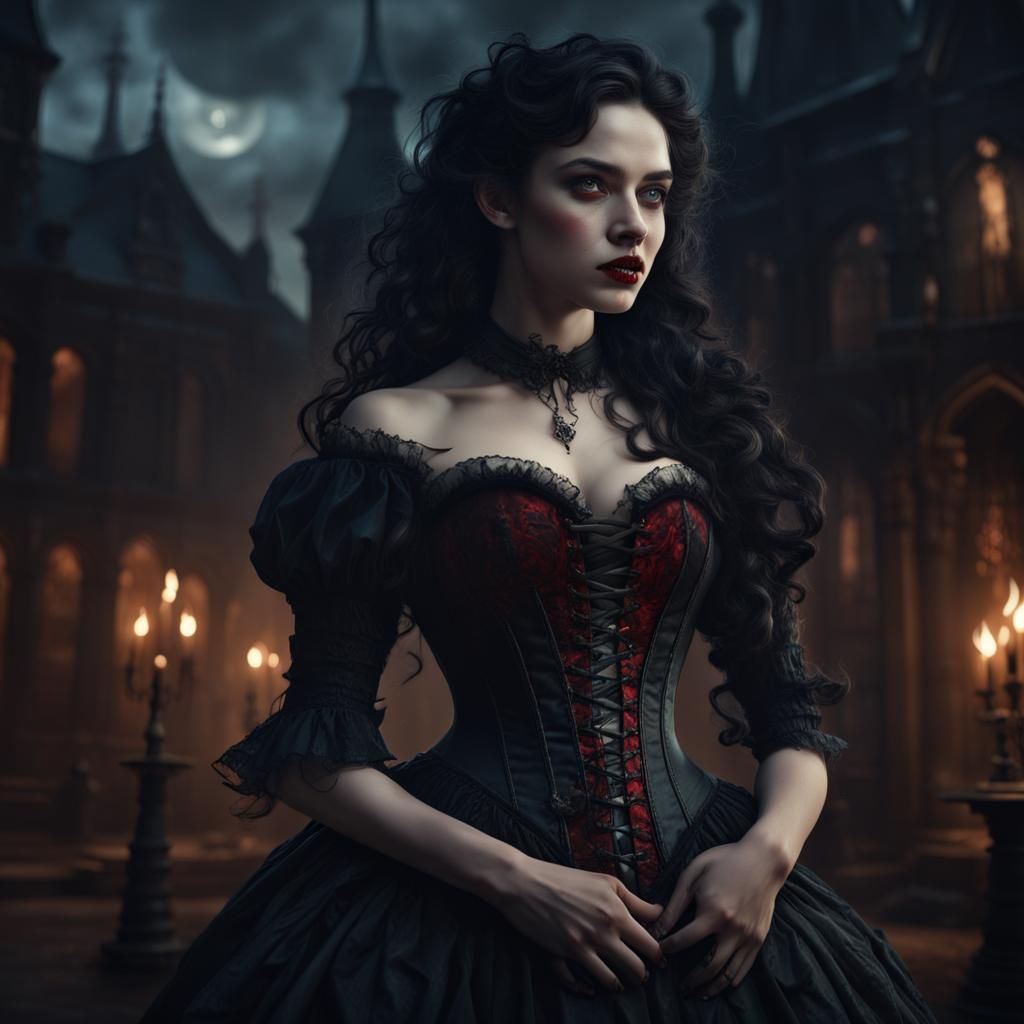 Victorian Vampire Woman with Bloody Fangs