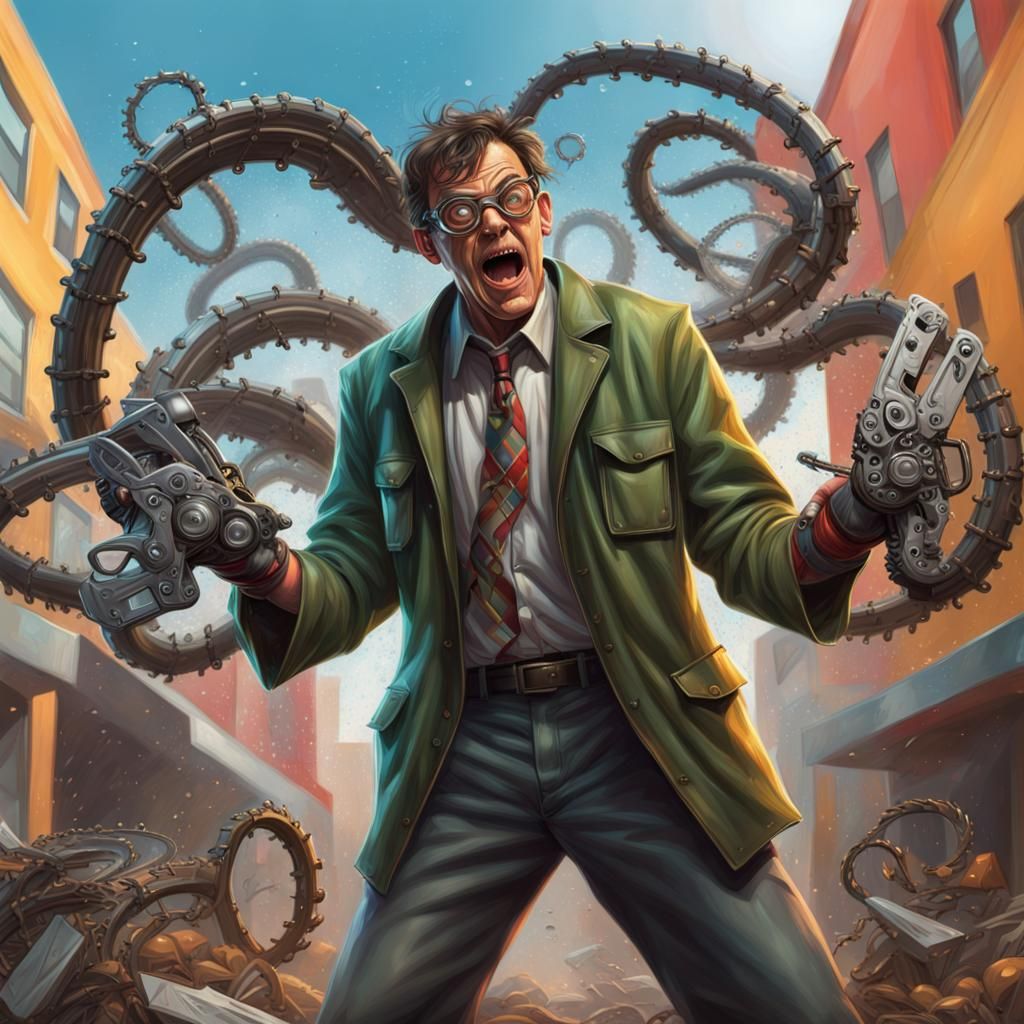 Doc Ock Juggling Chainsaws in Hyperrealistic Splash Art