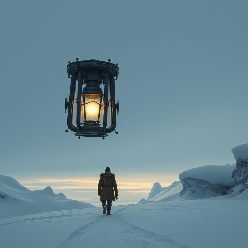 Lone Traveler in Snow, Simon Stalenhag Style