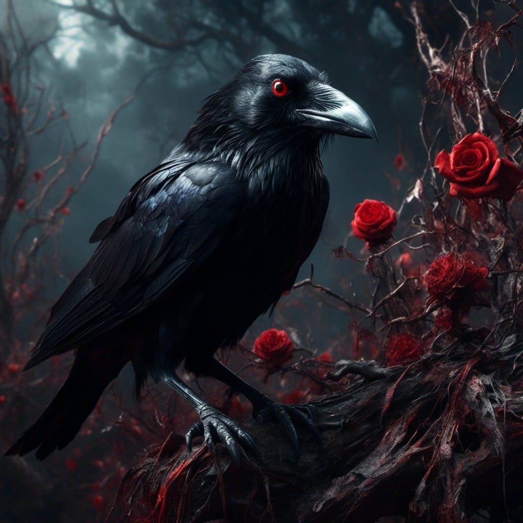 Gloomy Raven Perched Near Overgrown Witch's Cottage
