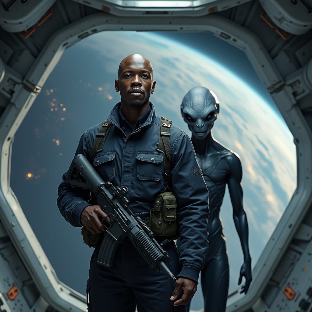 African American Man and Alien in Starship Corridor